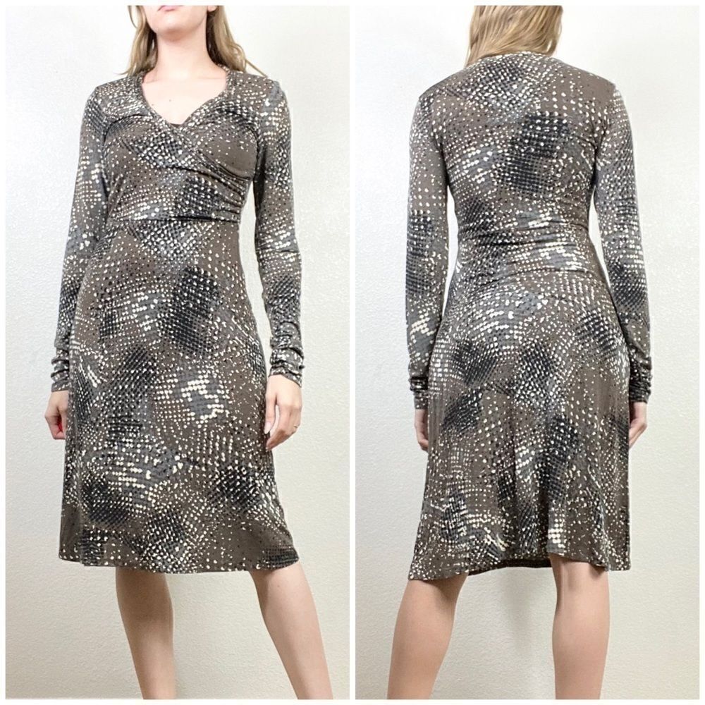 Cabi Brown Spotted Surplice Wrap Long Sleeve Knee Length Dress #658 Size S